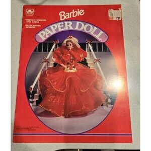 Vintage 1993 BARBIE Paper Doll Book NEW Red Holiday Dress Cover Golden Book